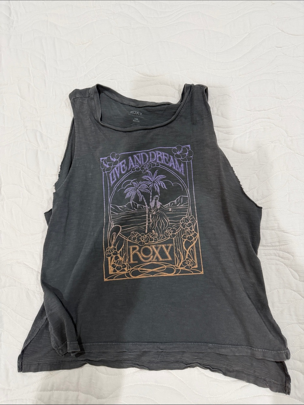 Roxy Charcoal Graphic Tank with Purple & Gold Artwork